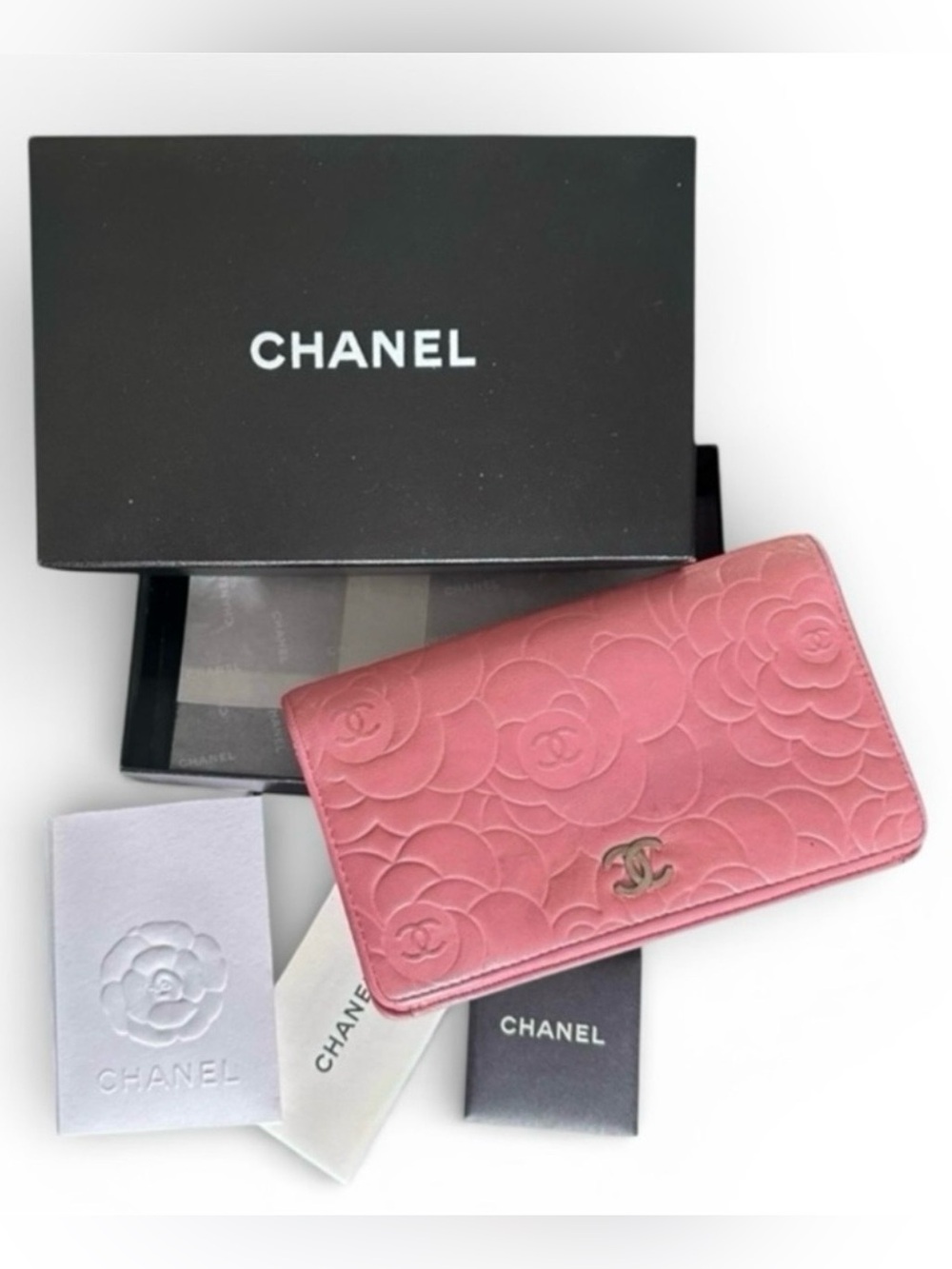 Chanel Pink Camellia Flower Embossed Long Bifold Wallet with Box